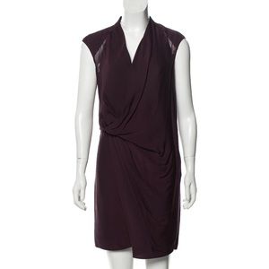 HELMUT LANG Burgundy Sleeveless V-Neck Mini Dress with Mesh Paneling Details